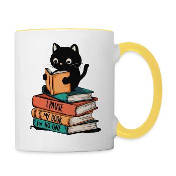 Lustige Bücher lesende Katze für Bücherwürmer - Tasse zweifarbig - Weiß/Gelb - Rechts