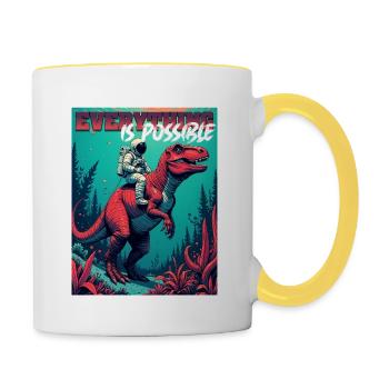 Astronaut rides T-Rex – "Everything is Possible" - Contrasting Mug - white/yellow - Right