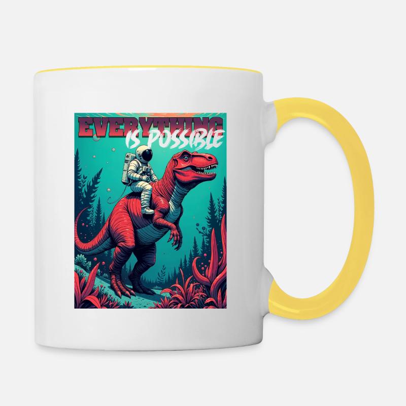 Astronaut rides T-Rex – "Everything is Possible" - Contrasting Mug - white/yellow