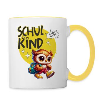 Schulkind 2025 - Eulenklasse Grundschule T-Shirt - Tasse zweifarbig - Weiß/Gelb - Rechts