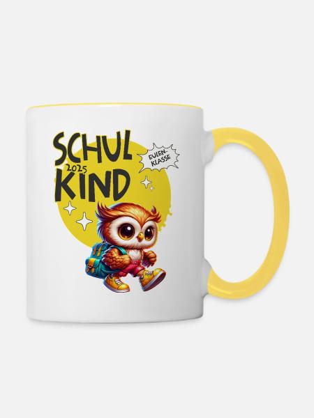 Schulkind 2025 - Eulenklasse Grundschule T-Shirt - Tasse zweifarbig - Weiß/Gelb