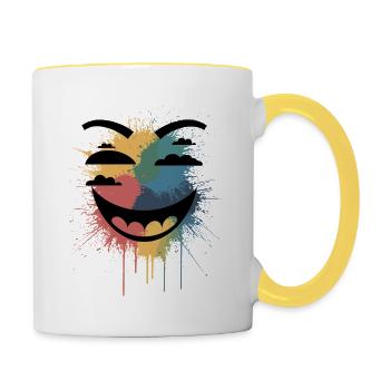 Buntes Splatter-Lächeln-Gesicht - lebendig abstrakt - Tasse zweifarbig - Weiß/Gelb - Rechts
