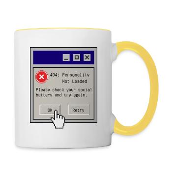 404 Personality Not Loaded – Retro Nerd Humor - Tasse zweifarbig - Weiß/Gelb - Rechts