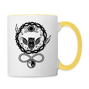 Mystische Hekate Eule mit Symbolen und Mond - Tasse zweifarbig - Weiß/Gelb - Rechts