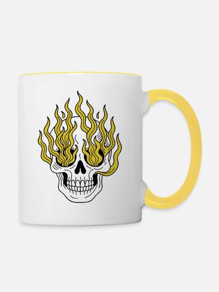 Totenkopf Tattoo flammend - Tasse zweifarbig - Weiß/Gelb