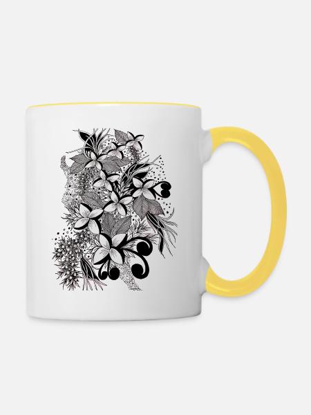 Monochrome Blütenlinien - Tasse zweifarbig - Weiß/Gelb