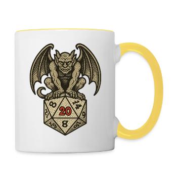 Gargoyle auf einem W20-Würfelbogen - Tasse zweifarbig - Weiß/Gelb - Rechts