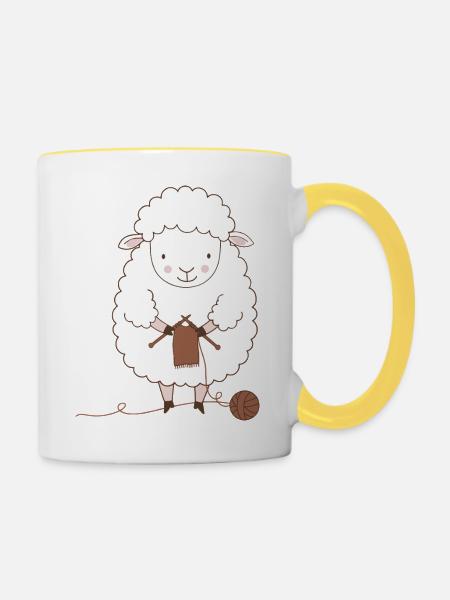 Schafstricker-Wolle und Nadeln - Tasse zweifarbig - Weiß/Gelb