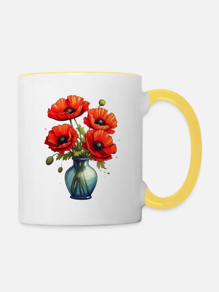 Vase mit Mohnblumen - Tasse zweifarbig - Weiß/Gelb