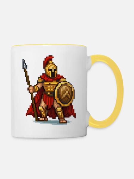 Spartanischer Pixelkrieger - Tasse zweifarbig - Weiß/Gelb