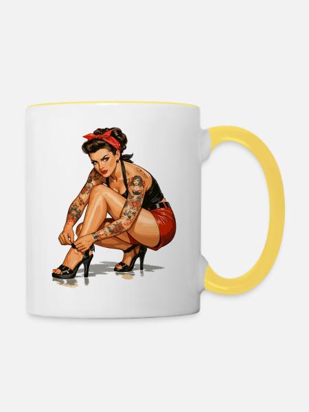 Retro Pin-Up: Tätowierte Rockabella Geschenk - Tasse zweifarbig - Weiß/Gelb