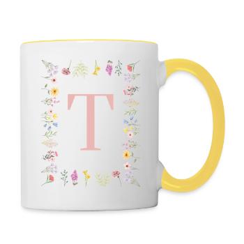 Initiales florales « T », monogramme de lettres - Mug contrasté - blanc/jaune - Droite
