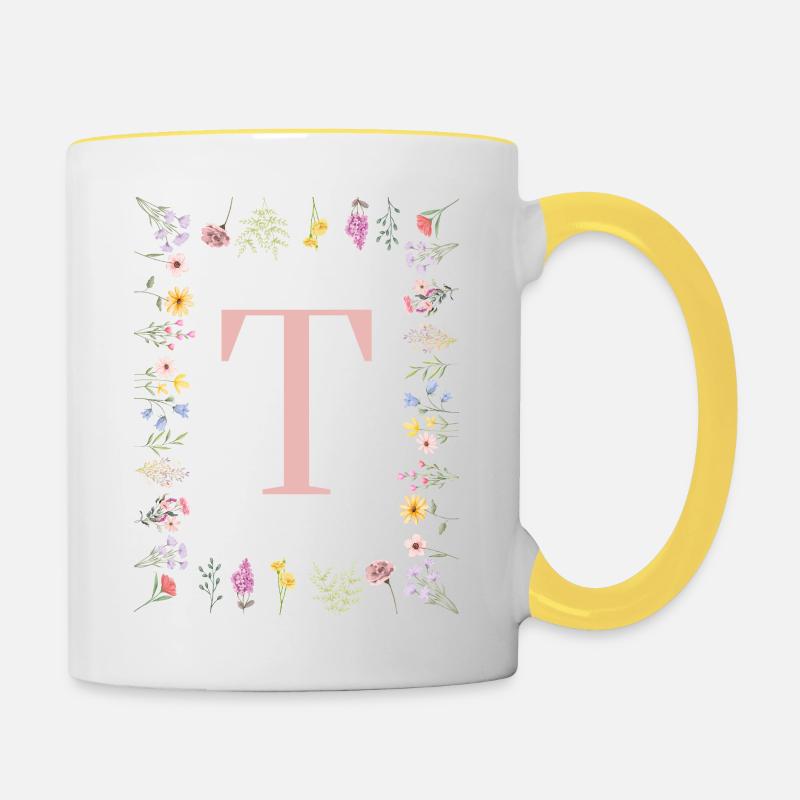 Initiales florales « T », monogramme de lettres - Mug contrasté - blanc/jaune