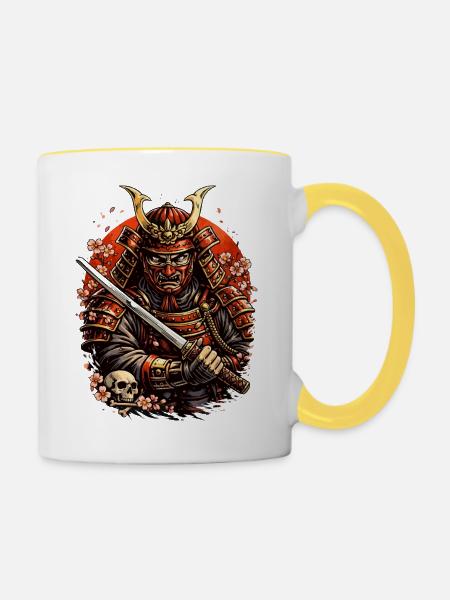 Samurai mit Kirschblüten und Schädel - Tasse zweifarbig - Weiß/Gelb