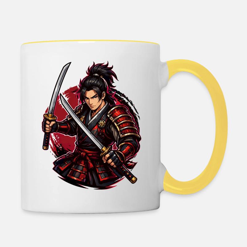 Combattant Samouraï dans Red Swirl - Mug contrasté - blanc/jaune