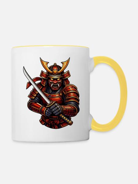 Kampfkunst-Samurai mit Schwert - Tasse zweifarbig - Weiß/Gelb