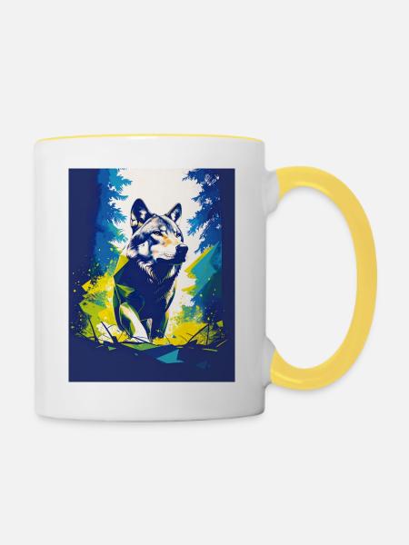 Geometrischer Wolf-Neonwald - Tasse zweifarbig - Weiß/Gelb