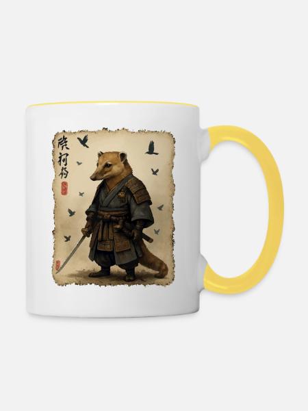 Meerkat Samurai: Schattenkatana - Tasse zweifarbig - Weiß/Gelb