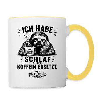 Müdes Faultier mit Kaffee | Lustiger Kaffee Spruch - Tasse zweifarbig - Weiß/Gelb - Rechts