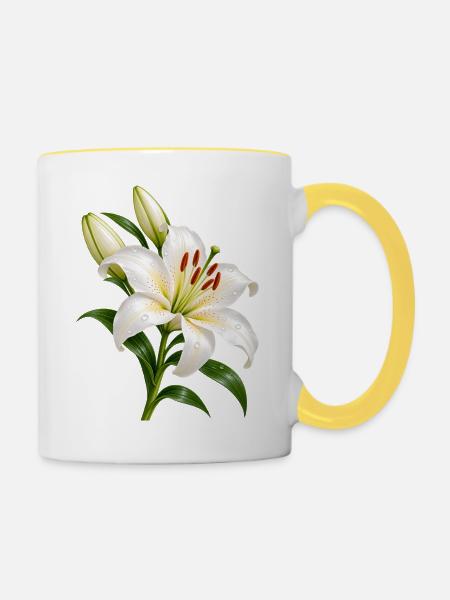 Weiße Lilienblüte mit Tau - Tasse zweifarbig - Weiß/Gelb