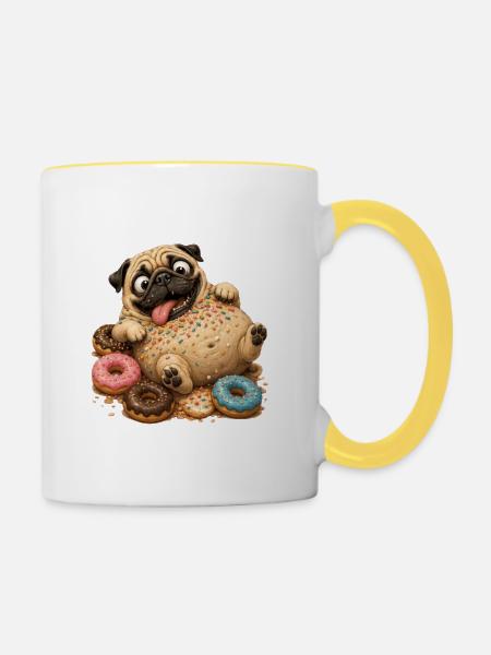 Süßer Pug mit bunten Donuts - Tasse zweifarbig - Weiß/Gelb