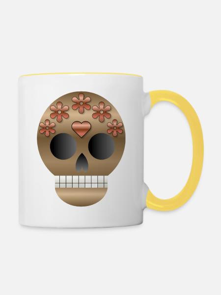 Bronzener Blumen-Zuckerschädel - Tasse zweifarbig - Weiß/Gelb