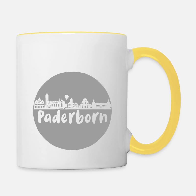paderborn, skyline, kreis, scherenschnitt, grau - Tasse zweifarbig - Weiß/Gelb