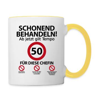 50. Geburtstag Chefin Geburtstagsgeschenk Spruch - Tasse zweifarbig - Weiß/Gelb - Rechts