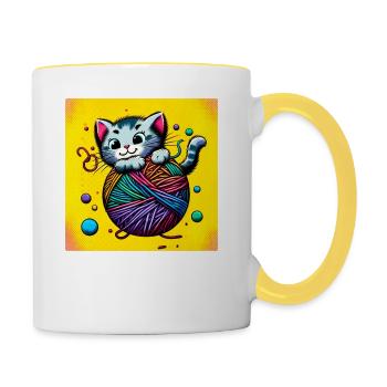 Naughty kitten in a ball of wool - Contrasting Mug - white/yellow - Right