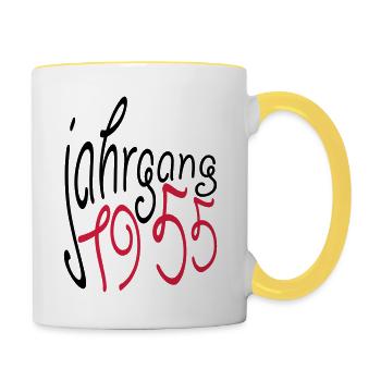 Jahrgang 1955 geboren - Tasse zweifarbig - Weiß/Gelb - Rechts