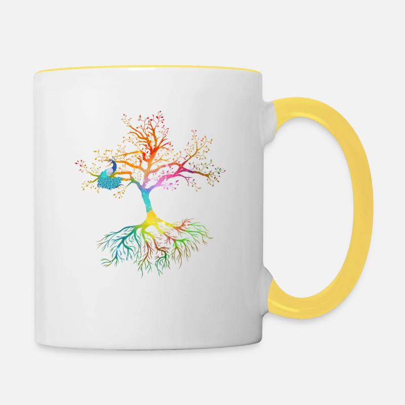 Farbenprächtiger Baum des Lebens mit einem Pfau - Tasse zweifarbig - Weiß/Gelb
