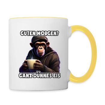 Ganz dünnes Eis - Morgenmuffel - lustiger Affe - Tasse zweifarbig - Weiß/Gelb - Rechts