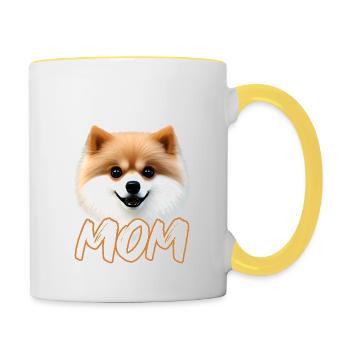 Pomeranian Mom, Zwergspitz mit Krone - Spruch - Tasse zweifarbig - Weiß/Gelb - Rechts