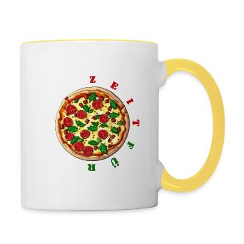 Zeit für Pizza Uhr - leckere Salamipizza - Tasse zweifarbig - Weiß/Gelb - Rechts