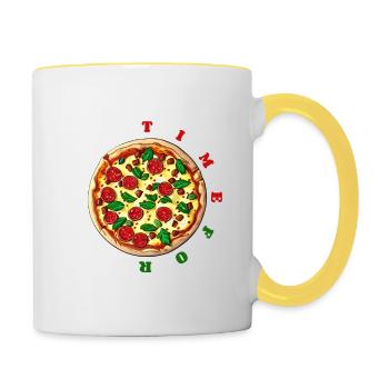 Zeit für Pizza, Uhr - leckere Salamipizza - Tasse zweifarbig - Weiß/Gelb - Rechts