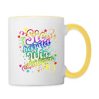 JGA Junggesellinnenabschied - Sie heiratet - Tasse zweifarbig - Weiß/Gelb - Rechts
