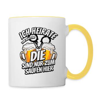 JGA Junggesellenabschied - Ich heirate - Saufen - Tasse zweifarbig - Weiß/Gelb - Rechts