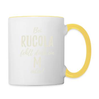 Bei Rucola fehlt ein M - Rumcola Wortspiel Spruch - Tasse zweifarbig - Weiß/Gelb - Rechts
