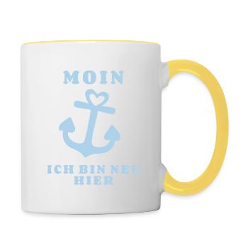 Moin bin neu hier Anker Baby Geburt Spruch - Tasse zweifarbig - Weiß/Gelb - Rechts