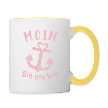 Moin bin neu hier Anker Baby Geburt Spruch - Tasse zweifarbig - Weiß/Gelb - Rechts