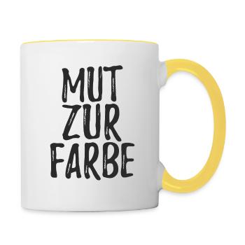 Mut zur Farbe - Schwarz auf Schwarz Spruch - Tasse zweifarbig - Weiß/Gelb - Rechts