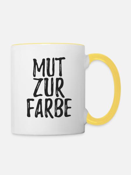 Mut zur Farbe - Schwarz auf Schwarz Spruch - Tasse zweifarbig - Weiß/Gelb