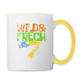 Wild & frech und schon 7 Geburtstag Geschenk - Tasse zweifarbig - Weiß/Gelb - Rechts