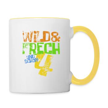 Wild & frech und schon 4 Geburtstag Geschenk - Tasse zweifarbig - Weiß/Gelb - Rechts