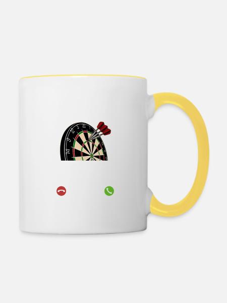 Meine Dartscheibe ruft an - ich muss los - Spruch - Tasse zweifarbig - Weiß/Gelb