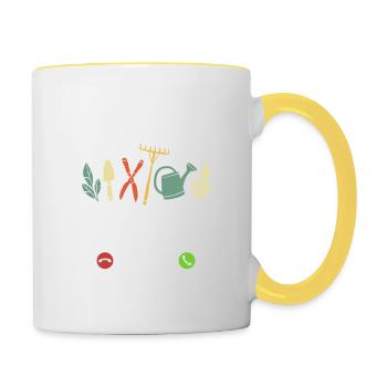 Mein Garten ruft an - ich muss los - Spruch - Tasse zweifarbig - Weiß/Gelb - Rechts