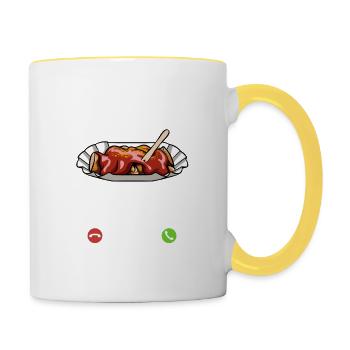 Meine Currywurst ruft an - ich muss los - Spruch - Tasse zweifarbig - Weiß/Gelb - Rechts
