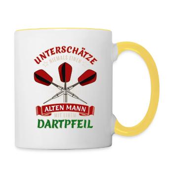 Unterschätze nie einen alten Mann mit Dartpfeil - Tasse zweifarbig - Weiß/Gelb - Rechts