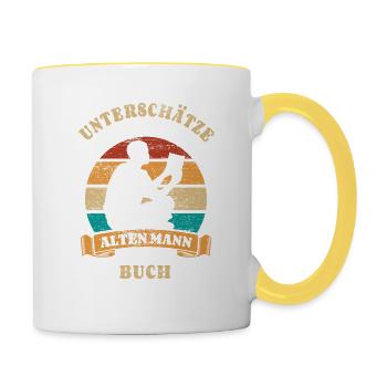 Unterschätze nie einen alten Mann mit Buch - Tasse zweifarbig - Weiß/Gelb - Rechts