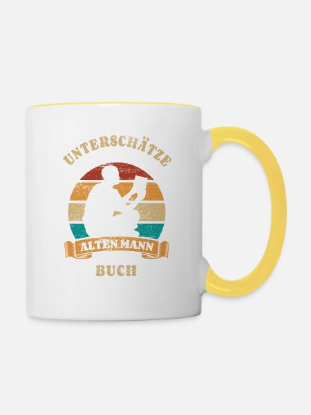 Unterschätze nie einen alten Mann mit Buch - Tasse zweifarbig - Weiß/Gelb
